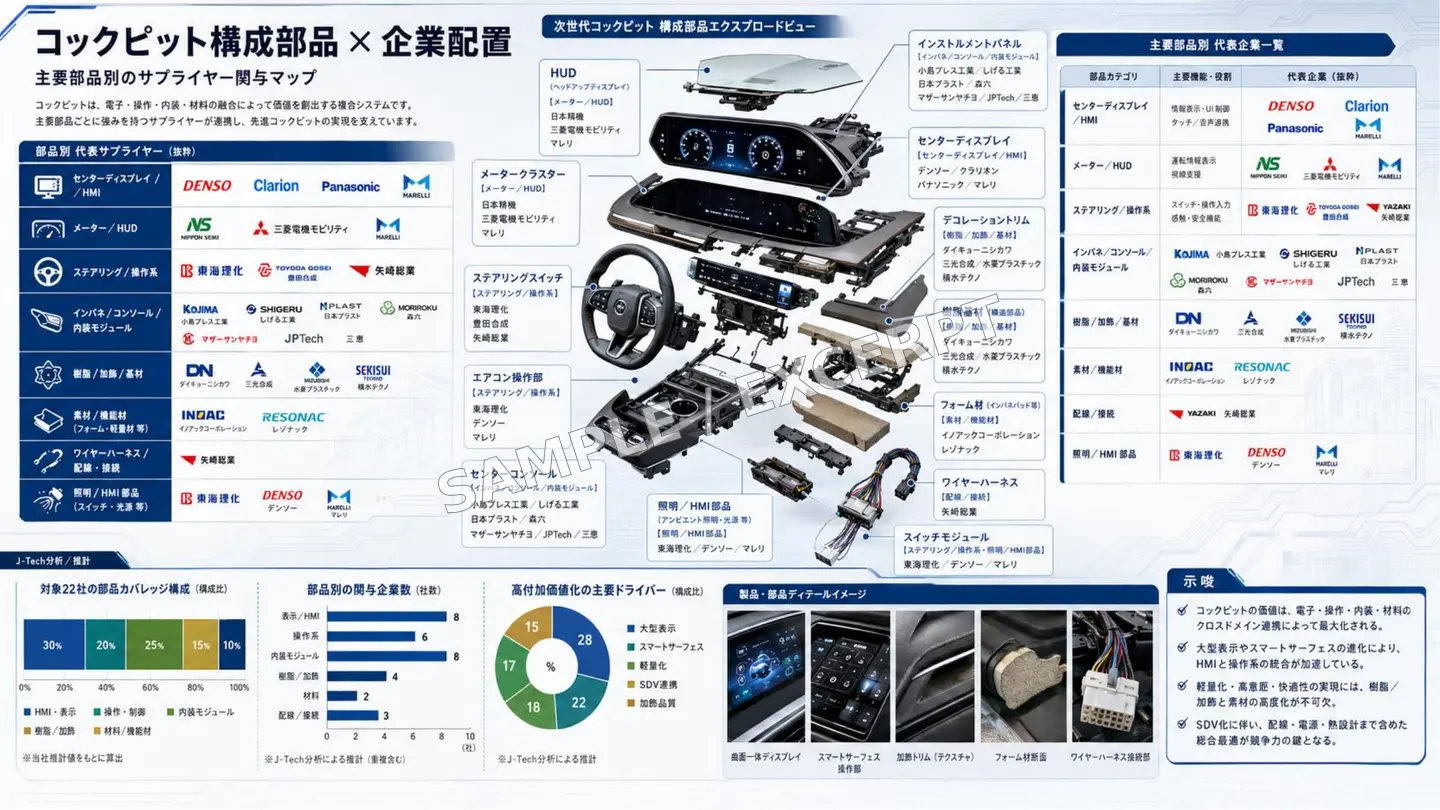 スマートコックピットの構成部品と企業配置を整理した成果物